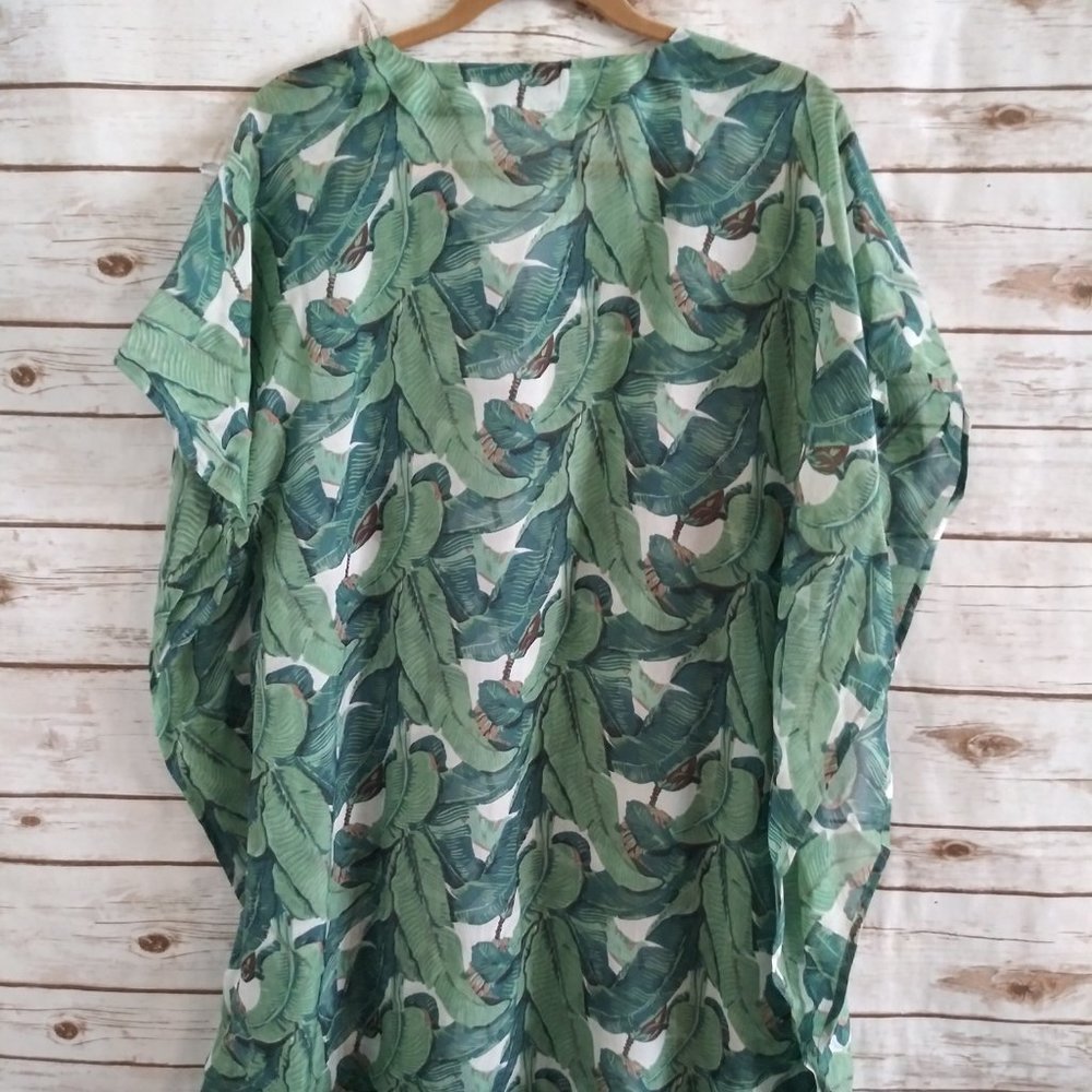 Ayaeo Botanical Palm Green Silk 100% Kaftan Dress Cover Up Size Small / Medium - Picture 8 of 11